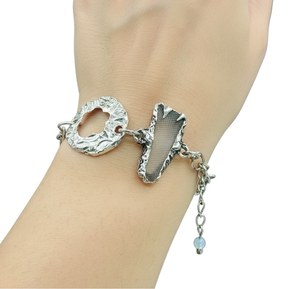 Sea Glass & Silver Cutout Bracelet - Boho Metalwork Adjustable Closure - Picture 12 of 16